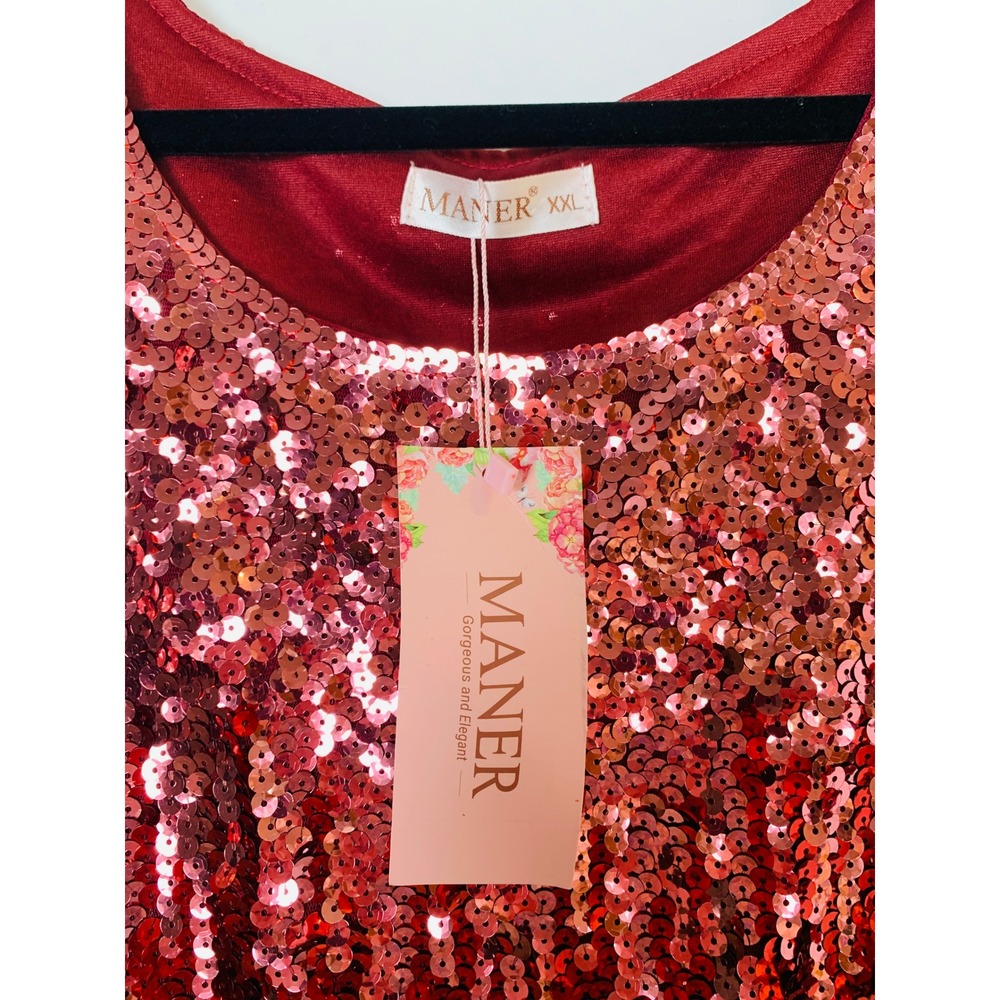 MANER Sequin Top Women XXL Red Ombre Short Sleeve Party Blouse Sparkly Holiday - Picture 5 of 11
